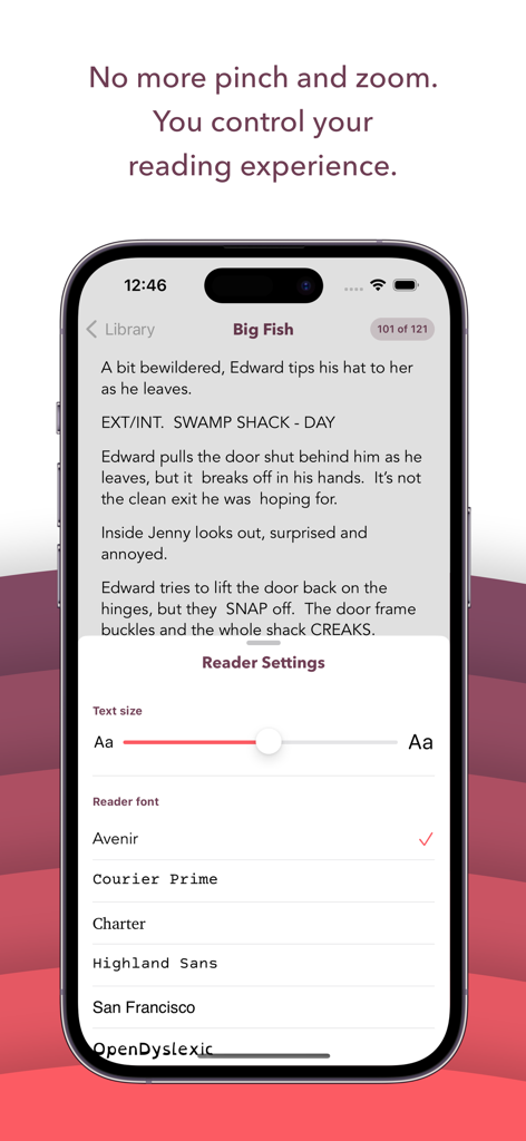 iPhone screen showing screenplay reader settings for text size and font in Weekend Read 2.