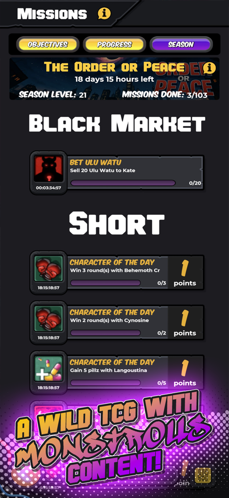 Urban Rivals mobile game missions screen showing daily objectives and rewards.