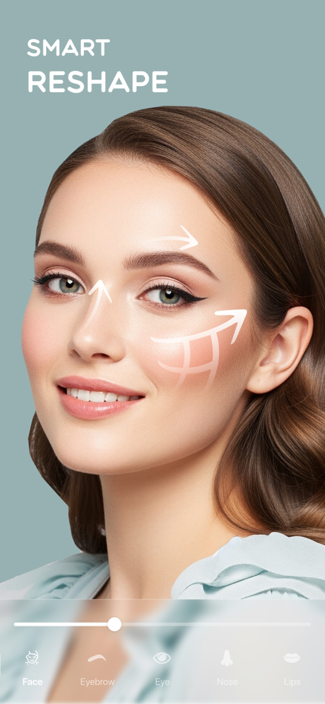 Faceon: Photo Editor & Effects - A woman portrait in the Faceon app showing the smart reshape feature with arrows for facial contouring adjustments.