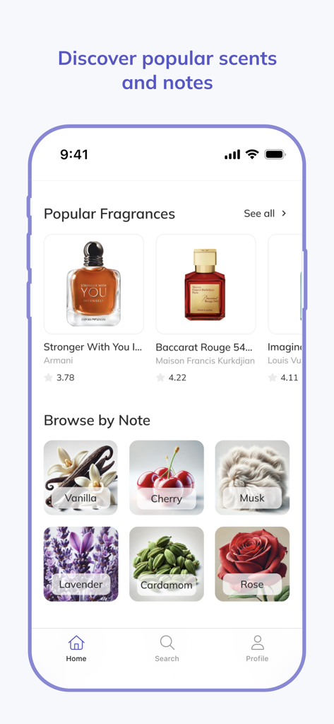 Fragplace - A smartphone display showing the Fragplace app home screen with a popular fragrances gallery and a browse by note section featuring scent ingredients like vanilla and lavender.