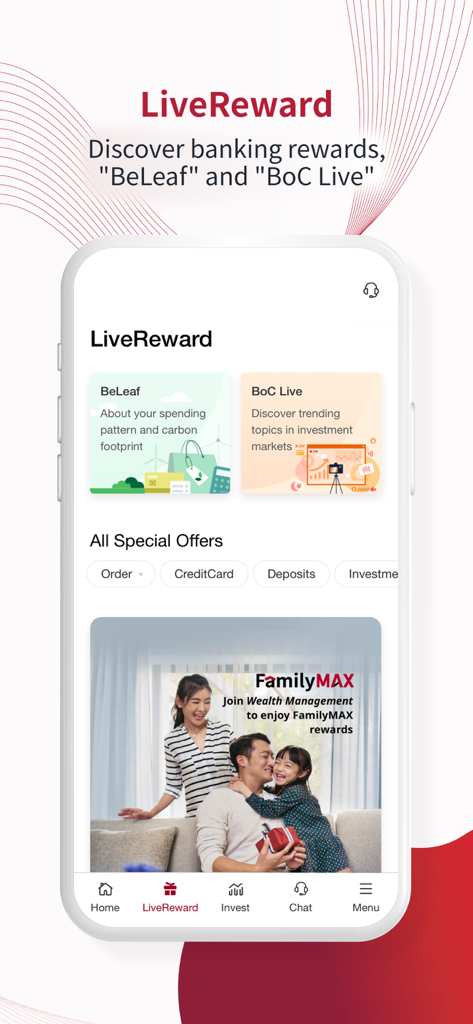 BOCHK 中銀香港 - Interface LiveReward do aplicativo móvel BOCHK mostrando recompensas bancárias e insights de investimento.