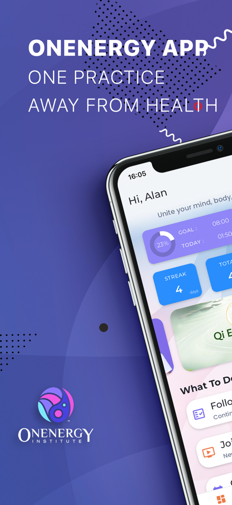 Onenergy Qigong and Meditation - Painel do aplicativo Onenergy Qigong e Meditação mostrando objetivos de saúde e sequências de prática