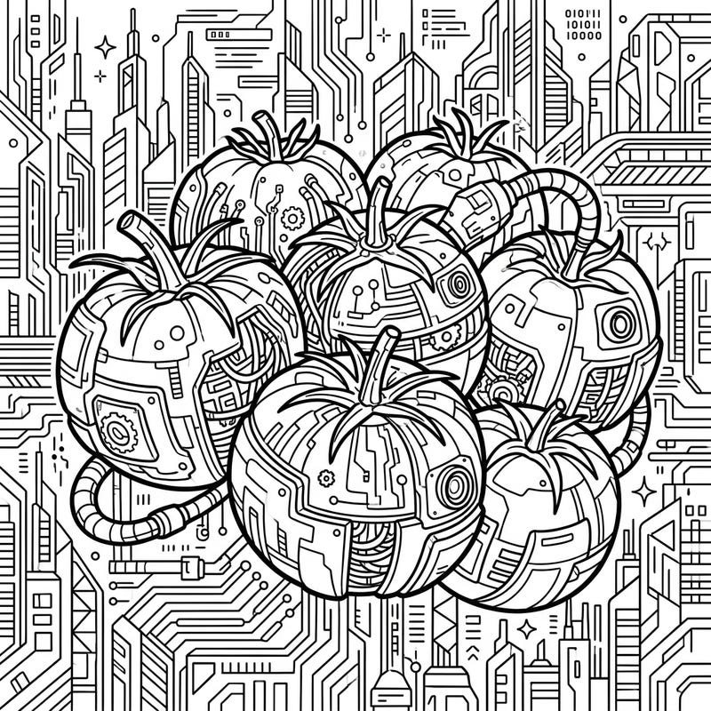 Experience the unexpected fusion of nature and technology with this captivating cyberpunk tomatoes coloring page. Immerse yourself in a world where fresh produce meets futuristic design, complete with intricate circuitry and urban vibes.