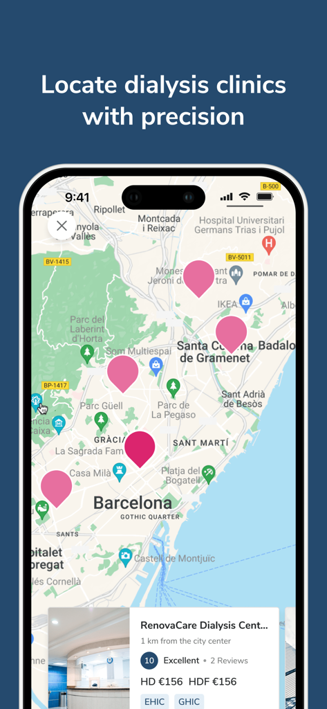 bookdialysis - travel app - A map interface in the bookdialysis app showing several dialysis clinic locations across Barcelona with a detailed clinic card at the bottom.