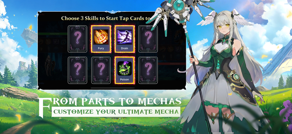 Tales of Mecha - A skill selection interface in Tales of Mecha featuring an anime character and modular customization options.