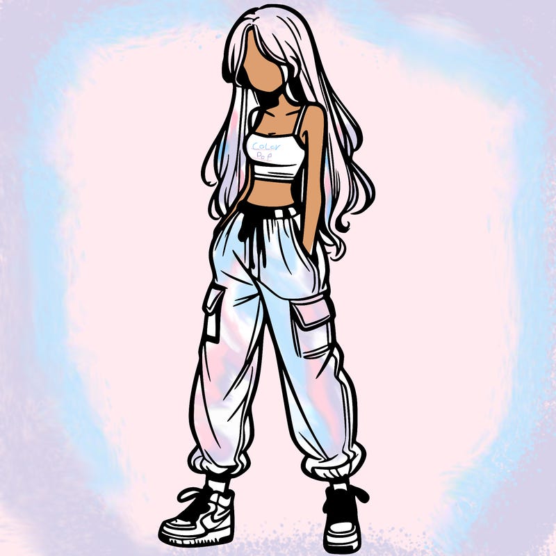girl in baggy pants crop top and long hair