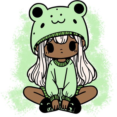 a girl wearing a frog hat and some frog socks