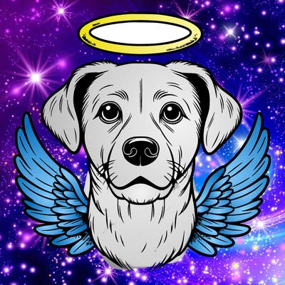 rip realistic dog with a halo and angel wings