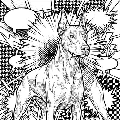 Dive into a world of bold lines and vibrant possibilities with this Doberman Pinscher Pop Art coloring page. Experience the powerful presence of this canine in a truly iconic artistic style, ready for your creative touch.