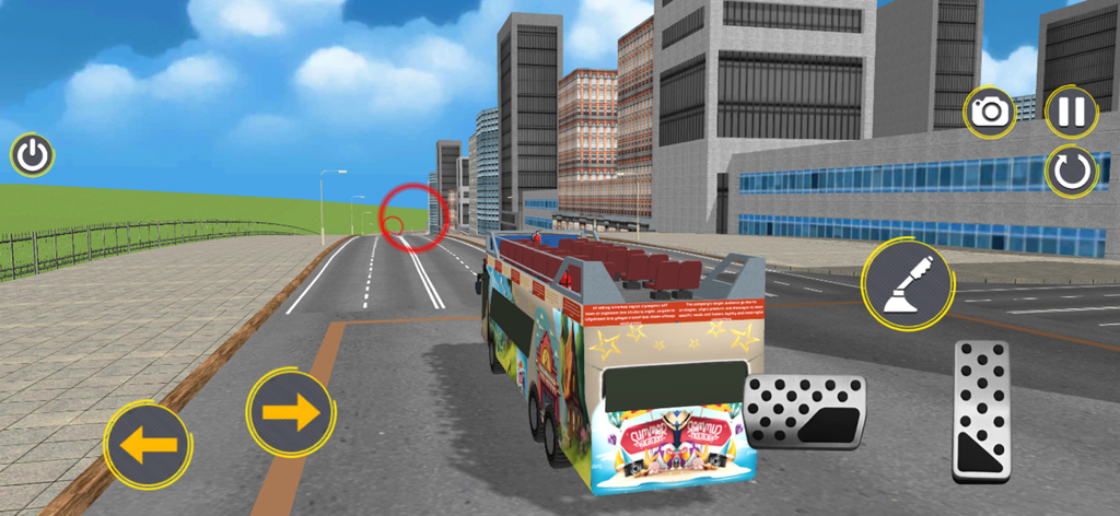 Gameplay screenshot of Offroad Bus Simulator Driver showing a double decker bus on a city street with tall buildings and mobile game controls