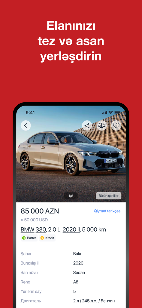 Turbo.az - Turbo.az mobile app interface showing a detailed car listing for a silver BMW 330 sedan