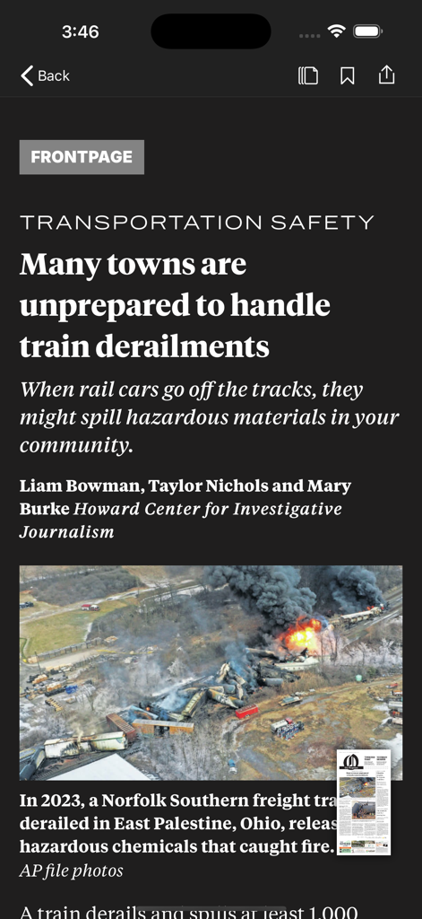 The Oregonian News - News article in The Oregonian app discussing transportation safety and train derailments with an aerial image of a crash site.