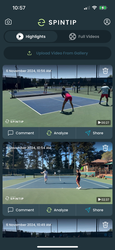 Spintip app screen featuring a feed of tennis and pickleball match highlights with analysis and sharing buttons