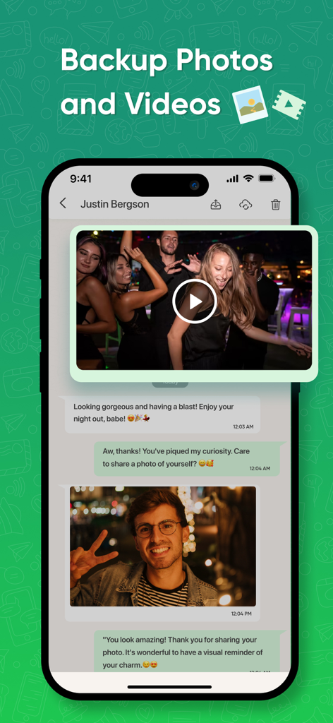 A smartphone interface displaying a chat conversation with photos and videos under the heading Backup Photos and Videos.