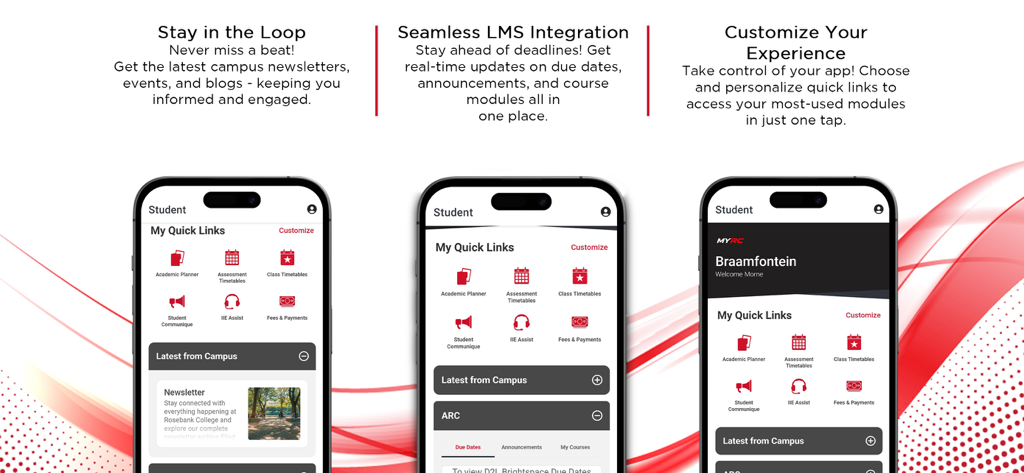 MyRC - Screenshots of the MyRC mobile app showcasing the student dashboard quick links and academic notifications.