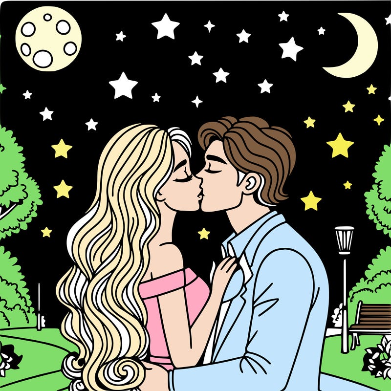 woman and man romantically kissing in a park at night under the stars and the moon