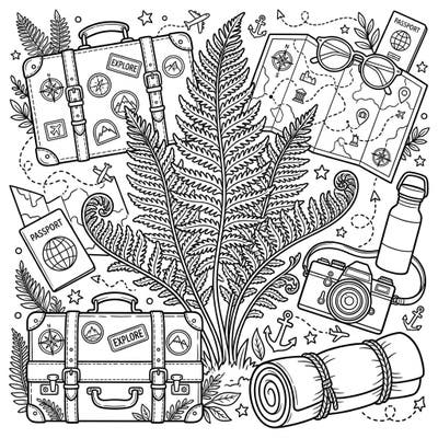Unleash your inner explorer with this unique coloring page featuring a magnificent Ostrich Fern nestled amidst exciting vacation elements. Dive into a world of travel, discovery, and natural beauty with your favorite colors.