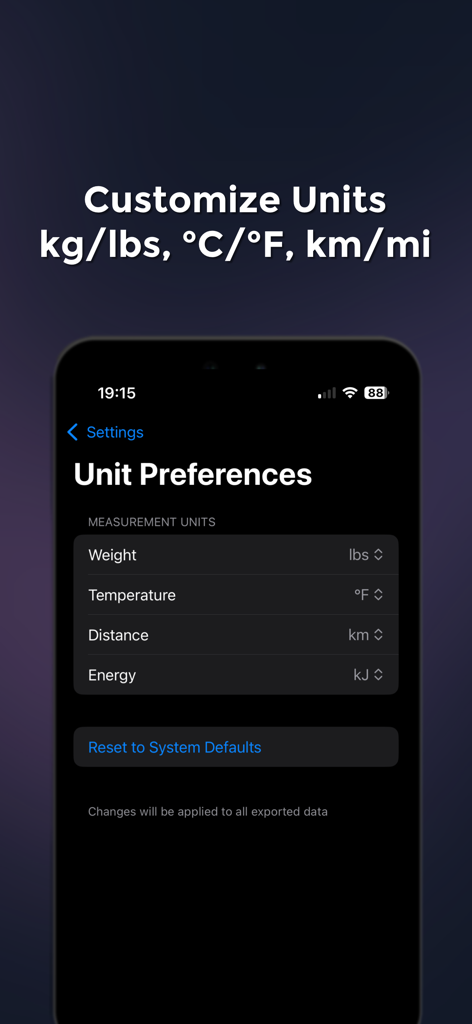 Health Exporter Offline - Interface for customizing measurement units for weight, temperature, and distance in the Health Exporter Offline app.