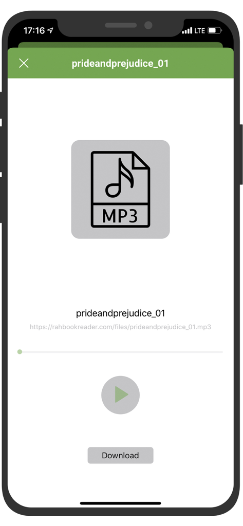 Interfaccia del lettore di audiolibri nell'app Rah Book Reader che mostra la riproduzione di Orgoglio e Pregiudizio e un pulsante di download