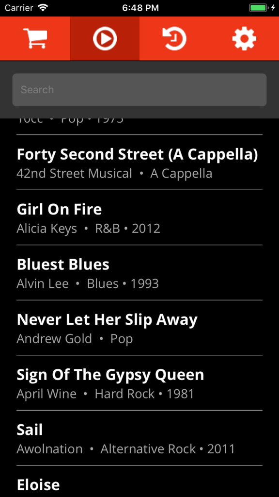 JamTracks - JamTracks app song library showing a list of tracks with artists and genres
