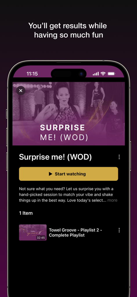 Body Groove - Body Groove mobile app interface showing a surprise dance workout of the day