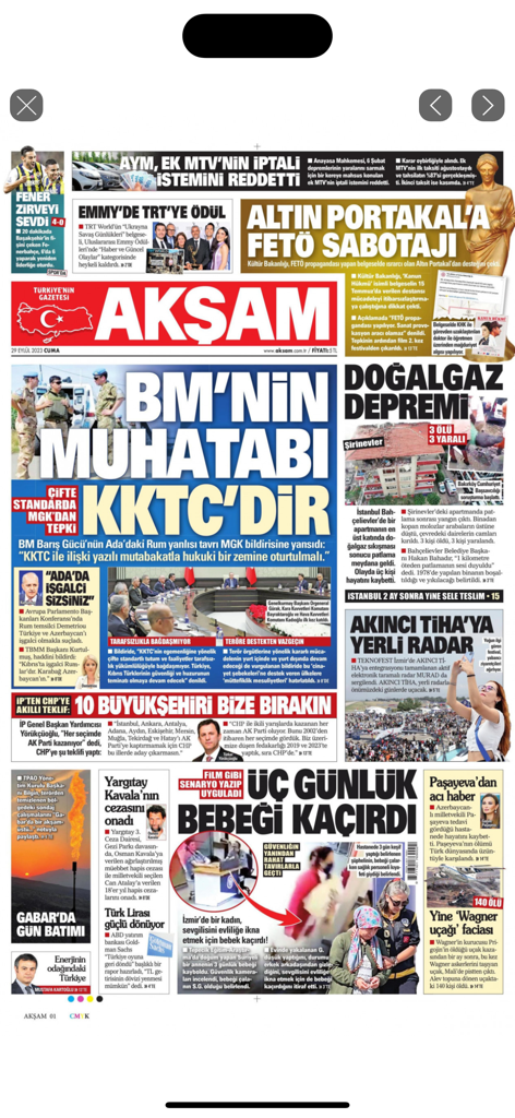 Manşet - Gazete Manşetleri - Digital view of Aksam newspaper front page in the Manset app