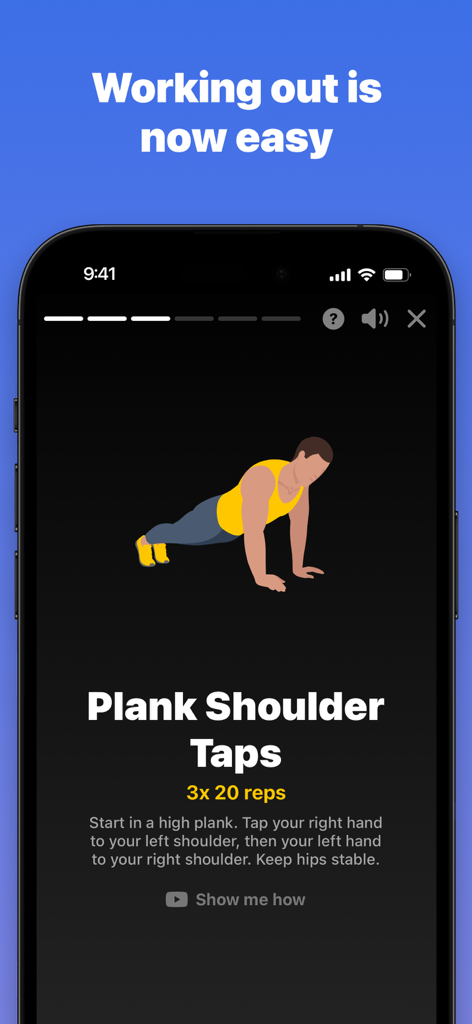 Fit.AI: ultra personal fitness - Mobile app screen showing instructions and an illustration for a plank shoulder taps exercise