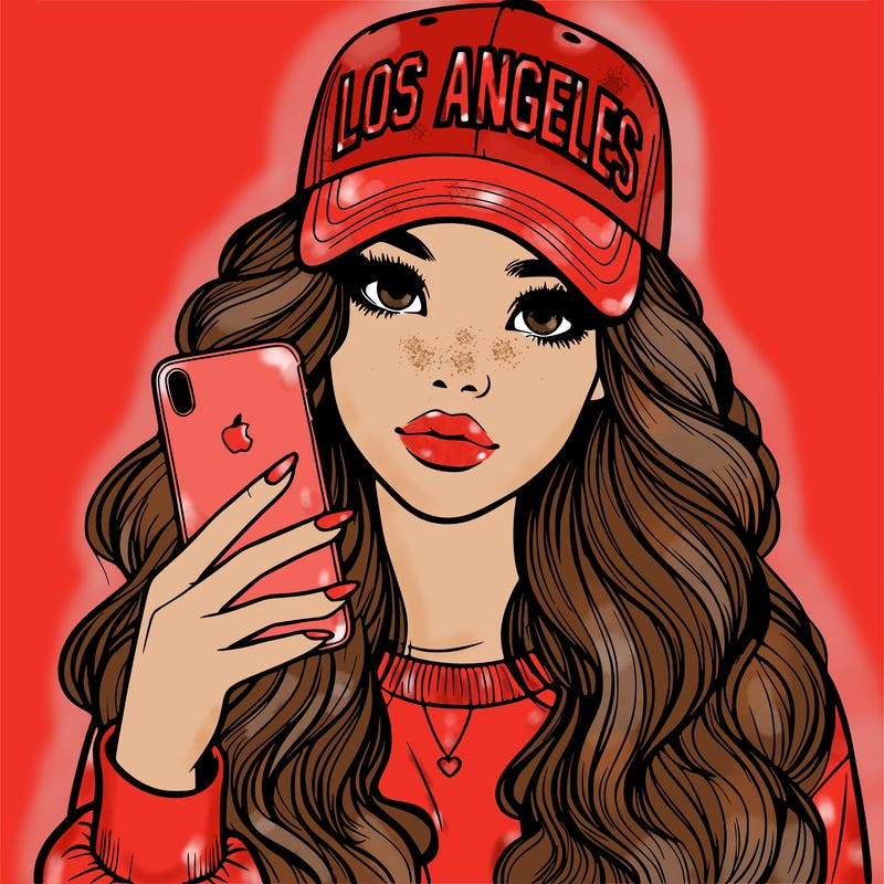 realistic beautiful girl wearing los ángeles cap holding an iphone