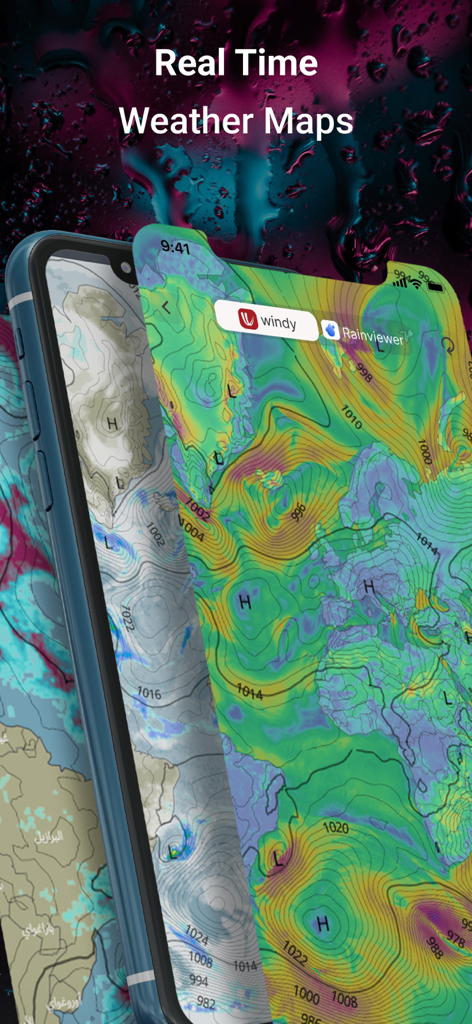 Real-time weather maps showing atmospheric pressure and meteorological data on the Rasidweather mobile application.