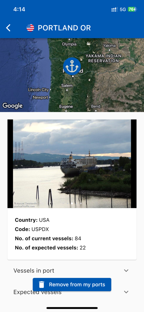 Ship Tracker - Tela do aplicativo móvel Ship Tracker exibindo detalhes do porto de Portland, Oregon, com contagem de navios e mapa