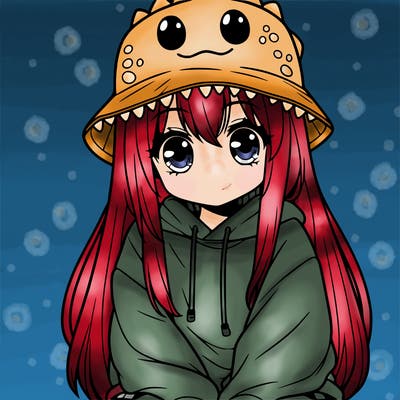 girl with anime shaped eyes with a dinosaur bucket hat oversized sweatshirt long straight hair