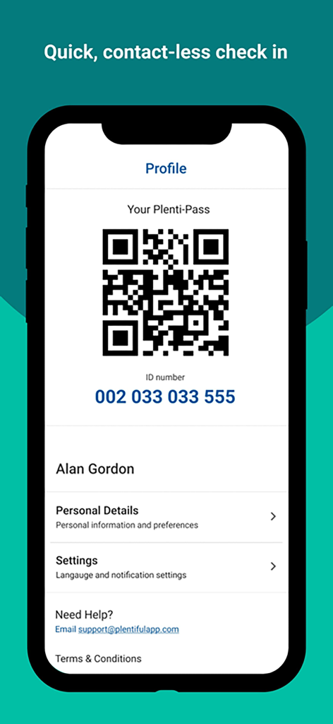 Plentiful app profile screen displaying a Plenti-Pass QR code for quick contact-less check-in.