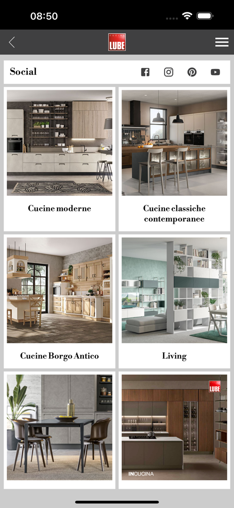 Gruppo LUBE - Screenshot of the Gruppo LUBE app showing different luxury kitchen and living room furniture collections