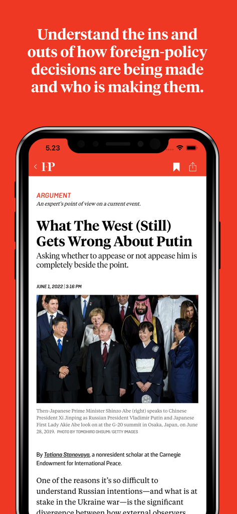 Foreign Policy News & Analysis - Foreign Policy app interface showing a long-form article about global leadership and geopolitical strategy.