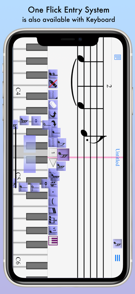 iWriteMusic app showing sheet music creation using a virtual piano keyboard and the one flick entry system