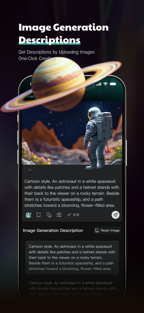 Banana Studio: Al Image Editor - Banana Studio app screenshot showing AI image generation description feature with a prompt for an astronaut in a cartoon style