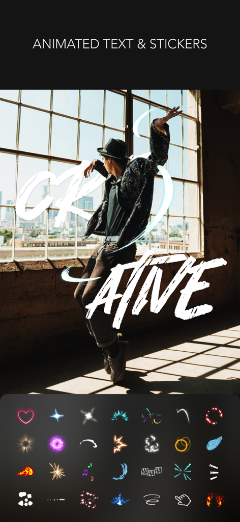 MOLDIV VideoLab interface featuring animated text and a collection of motion stickers for video editing