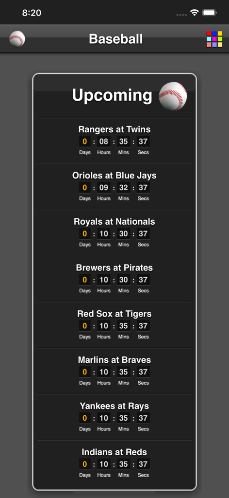 Baseball Games - App screen showing a list of upcoming MLB games with live countdown timers.