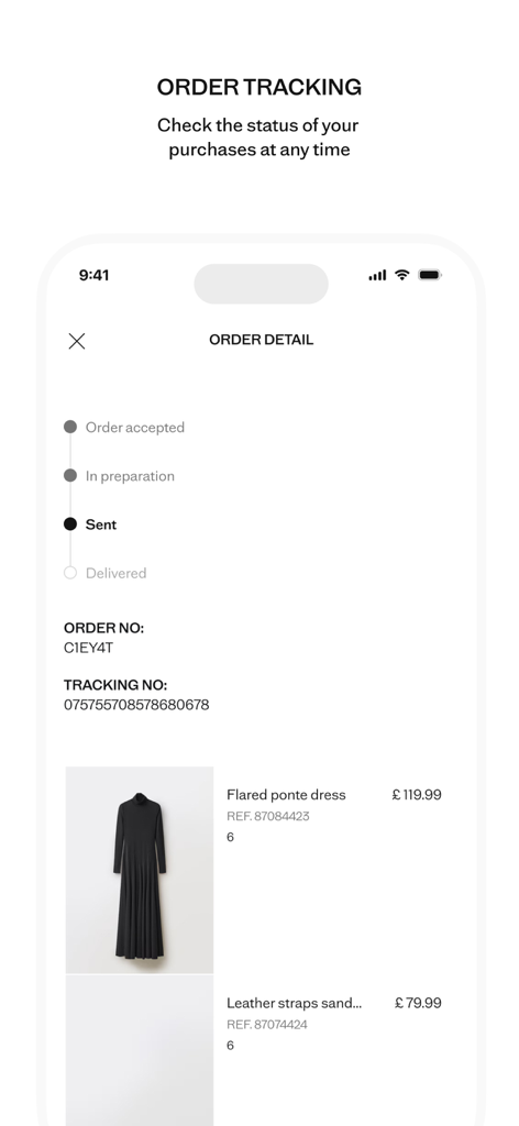 MANGO - Online fashion - Mango app order tracking screen showing purchase status and item details