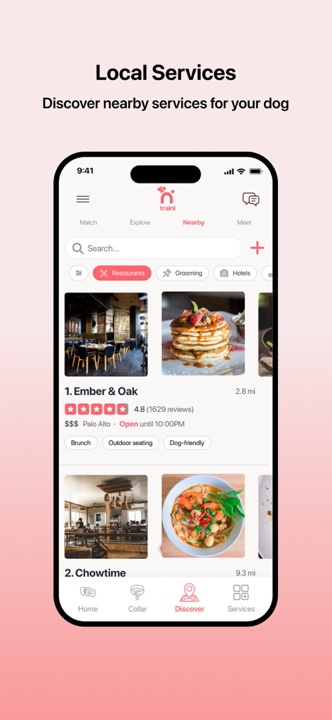 Pantalla móvil de la aplicación Traini que muestra servicios y restaurantes locales para perros.