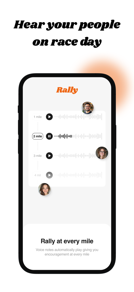 Rally app interface displaying audio messages from supporters triggered at each mile marker