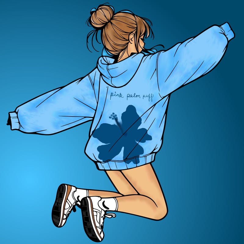 realistic girl jumping with a bun and oversized sweatshirt