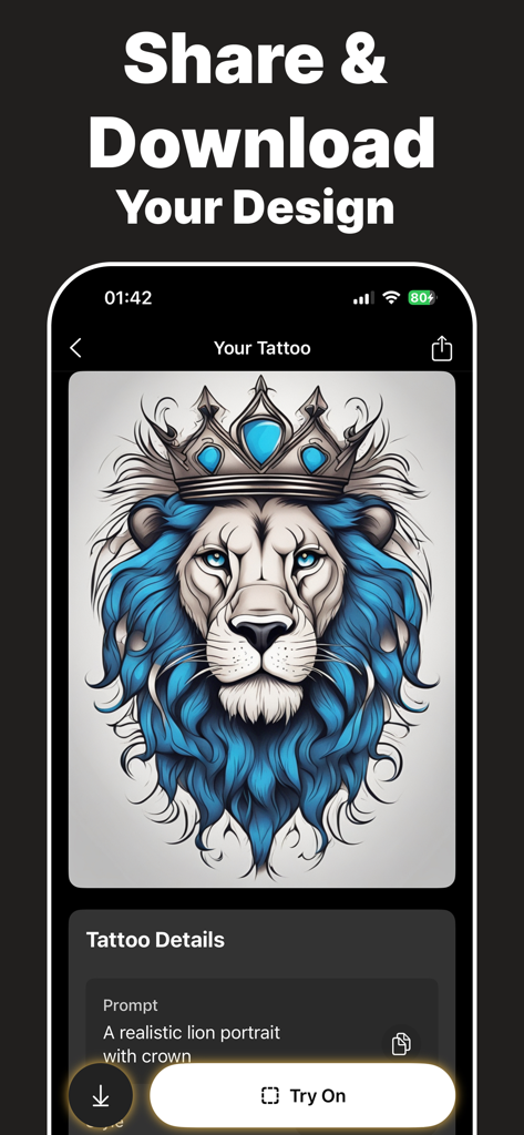 AI Tattoo Design Generator－Ink - Diseño de tatuaje de león generado por IA con una corona y opciones para compartir