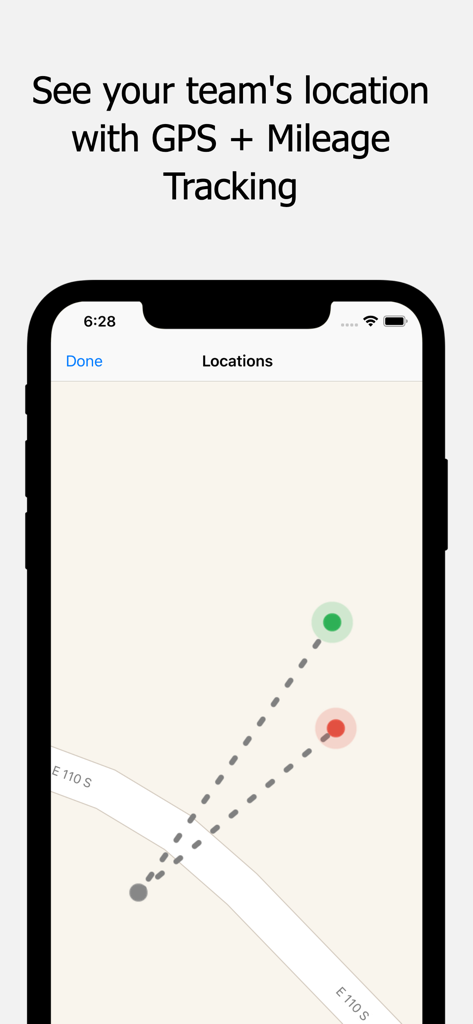 Timeero app interface showing team location tracking on a GPS map with mileage data