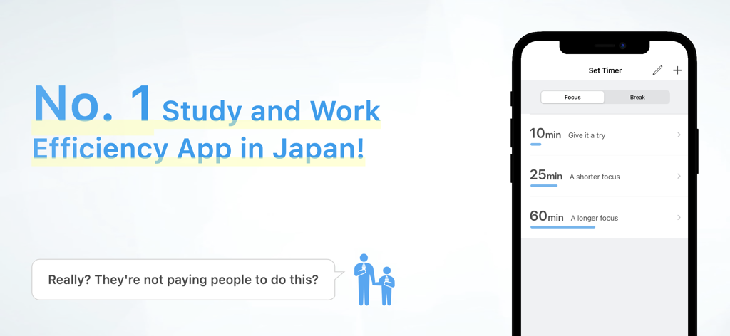 Focus: Pomodoro Study Timer - Grafica promozionale per Focus Pomodoro Study Timer che mostra l'interfaccia dell'app e il suo posizionamento al primo posto in Giappone.
