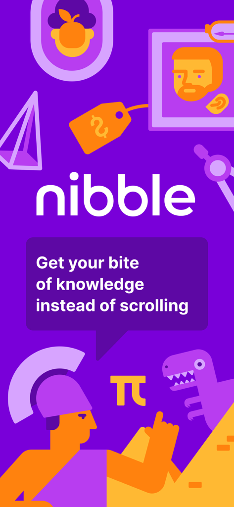 Nibble app splash screen with colorful educational icons and text about replacing scrolling with learning