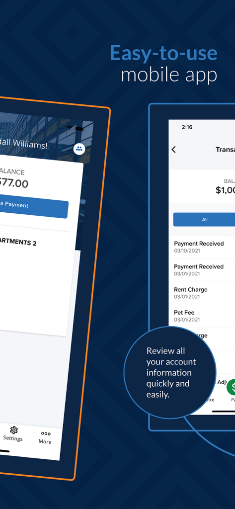 rmResident - rmResident mobile app interface showing tenant account balance and history