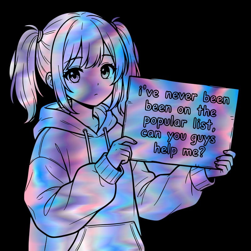 a cute anime girl with a sign saying  i’ve never been on the popular list, can you guys help me?