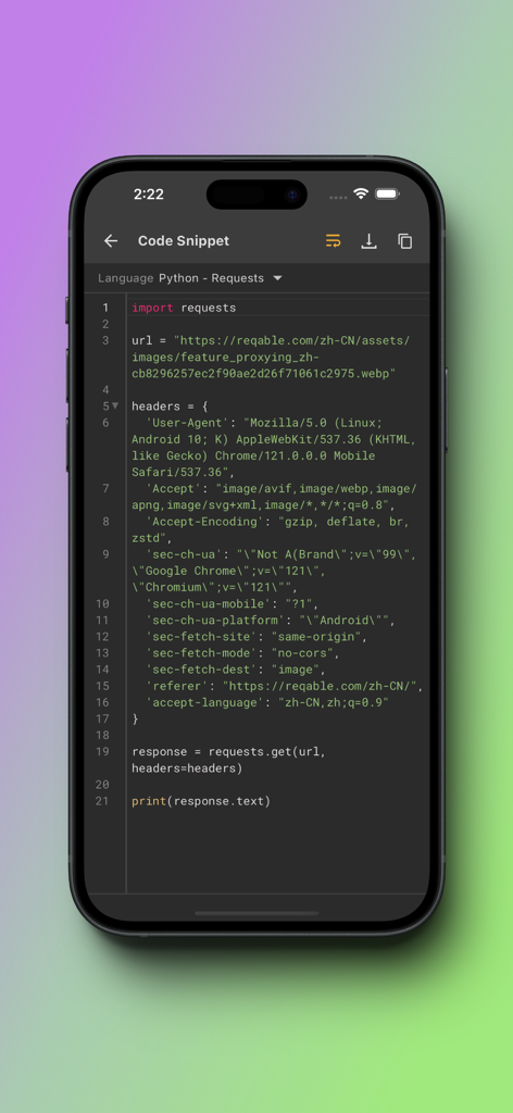 Reqable - Uno screenshot dell'app Reqable che mostra uno snippet di codice Python che utilizza la libreria requests per il debug delle API.