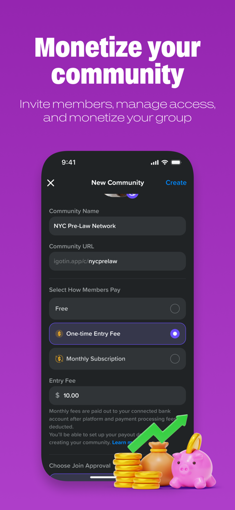 IGOTIN app interface showing options to set up a one-time entry fee or monthly subscription for a new community